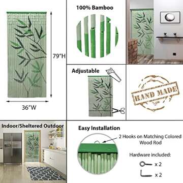 EVIDECO French Home Goods Bamboo Beaded Door Curtain 90 Strings 79" H x 36" W Leaves