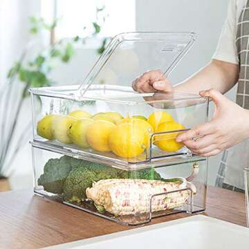 elabo Food Storage Containers Fridge Produce Saver- Stackable Refrigerator Freezer Organizer Keeper Drawers Ice Bins with Lids, Fridge Organizers and Storage for Vegetables, Berry and Fruits, 2 Pack