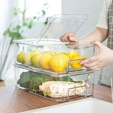 elabo Food Storage Containers Fridge Produce Saver- Stackable Refrigerator Freezer Organizer Keeper Drawers Ice Bins with Lids, Fridge Organizers and Storage for Vegetables, Berry and Fruits, 2 Pack