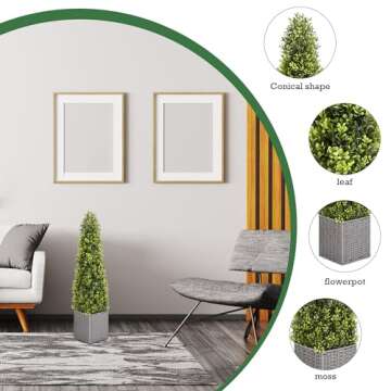 SEVENLOVE 48 Inch Artificial Boxwood Topiary Tree Set of 2, 4FT Potted Boxwood Tree Cone Topiary Artificial Plant Shrub for Front Porch Home Office Decor…