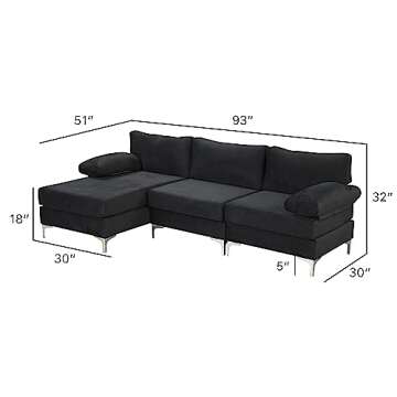 Casa Andrea Milano Velvet Fabric Sectional Sofa with Chaise Lounge