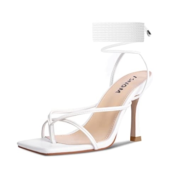 ISNOM White Strappy Heels - Elegant Lace-Up Stiletto Sandals for Women