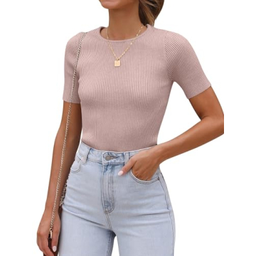 ANRABESS Womens Short Sleeve Crewneck T Shirt Ribbed Knit Sweater Shirts Slim Fit Basic Casual Sprin...