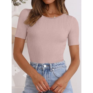 ANRABESS Womens Short Sleeve Crewneck T Shirt Ribbed Knit Sweater Shirts Slim Fit Basic Casual Spring Summer Sweater Tee Tops Pink Small