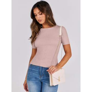 ANRABESS Womens Short Sleeve Crewneck T Shirt Ribbed Knit Sweater Shirts Slim Fit Basic Casual Spring Summer Sweater Tee Tops Pink Small