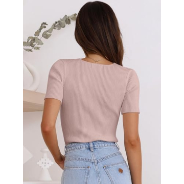 ANRABESS Womens Short Sleeve Crewneck T Shirt Ribbed Knit Sweater Shirts Slim Fit Basic Casual Spring Summer Sweater Tee Tops Pink Small