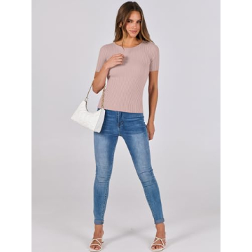 ANRABESS Womens Short Sleeve Crewneck T Shirt Ribbed Knit Sweater Shirts Slim Fit Basic Casual Spring Summer Sweater Tee Tops Pink Small