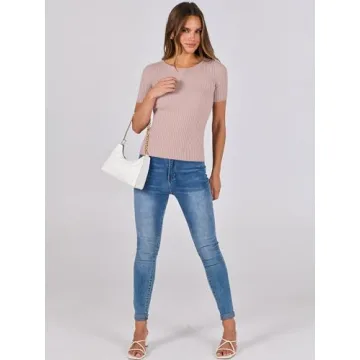 ANRABESS Womens Short Sleeve Crewneck T Shirt Ribbed Knit Sweater Shirts Slim Fit Basic Casual Spring Summer Sweater Tee Tops Pink Small