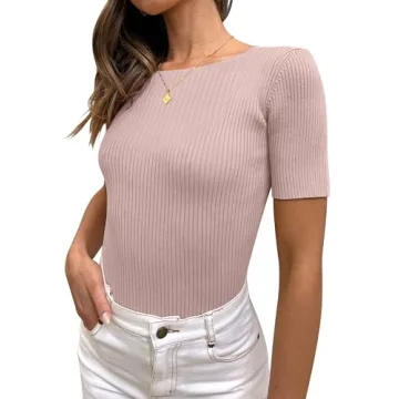 ANRABESS Womens Short Sleeve Crewneck T Shirt Ribbed Knit Sweater Shirts Slim Fit Basic Casual Spring Summer Sweater Tee Tops Pink Small