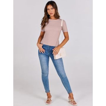 ANRABESS Womens Short Sleeve Crewneck T Shirt Ribbed Knit Sweater Shirts Slim Fit Basic Casual Spring Summer Sweater Tee Tops Pink Small