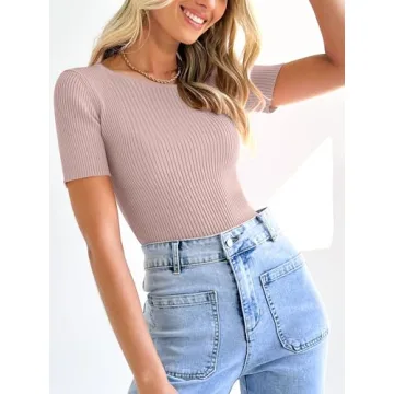 ANRABESS Womens Short Sleeve Crewneck T Shirt Ribbed Knit Sweater Shirts Slim Fit Basic Casual Spring Summer Sweater Tee Tops Pink Small