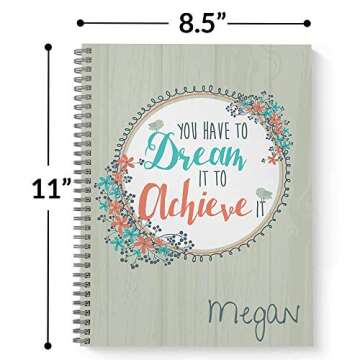 Dream It Personalized Motivational Notebook/Journal, Laminated Soft Cover, 120 pages of your selected paper, lay flat wire-o spiral. Size: 8.5” x 11”. Made in the USA