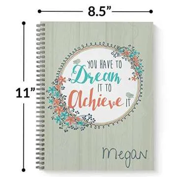 Dream It Personalized Motivational Notebook/Journal, Laminated Soft Cover, 120 pages of your selected paper, lay flat wire-o spiral. Size: 8.5” x 11”. Made in the USA