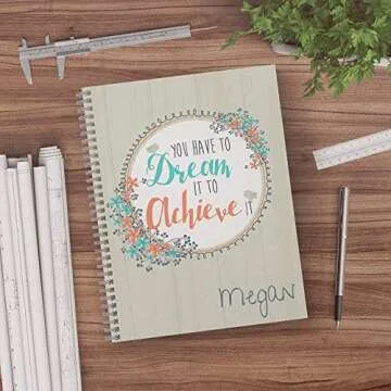 Dream It Personalized Motivational Notebook/Journal, Laminated Soft Cover, 120 pages of your selected paper, lay flat wire-o spiral. Size: 8.5” x 11”. Made in the USA