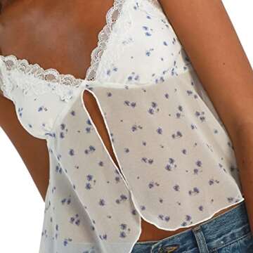 Women Y2K Backless Top Lace Trim Split Front Cami Tank Crop Tops for Going Out White M