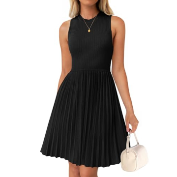 ZESICA Women's Summer Sleeveless Mini Dress 2025 Crewneck Knit A Line Pleated Swing Casual Basic Sho...