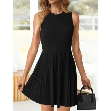 ZESICA Women's Summer Sleeveless Mini Dress 2025 Crewneck Knit A Line Pleated Swing Casual Basic Short Dress,Black,Small