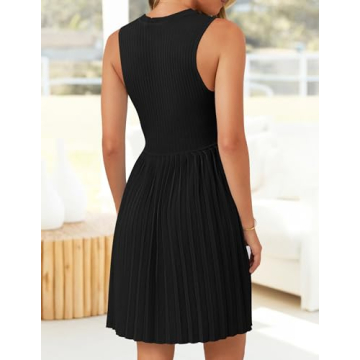 ZESICA Women's Summer Sleeveless Mini Dress 2025 Crewneck Knit A Line Pleated Swing Casual Basic Short Dress,Black,Small