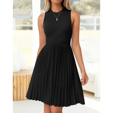 ZESICA Women's Summer Sleeveless Mini Dress 2025 Crewneck Knit A Line Pleated Swing Casual Basic Short Dress,Black,Small