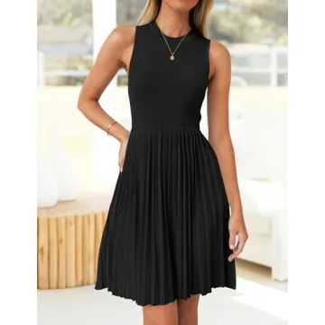 ZESICA Women's Summer Sleeveless Mini Dress 2025 Crewneck Knit A Line Pleated Swing Casual Basic Short Dress,Black,Small