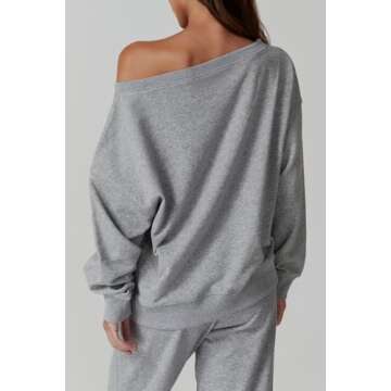 QINSEN Womens Oversized Sweatshirt Off The Shoulder Pullover Long Sleeve Sweatshirts No Hood Light G...