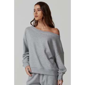 QINSEN Womens Oversized Sweatshirt Off The Shoulder Pullover Long Sleeve Sweatshirts No Hood Light Grey S