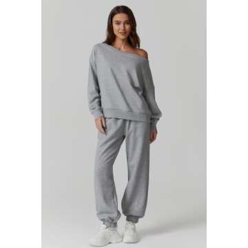 QINSEN Womens Oversized Sweatshirt Off The Shoulder Pullover Long Sleeve Sweatshirts No Hood Light Grey S