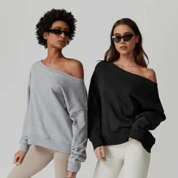 QINSEN Womens Oversized Sweatshirt Off The Shoulder Pullover Long Sleeve Sweatshirts No Hood Light Grey S
