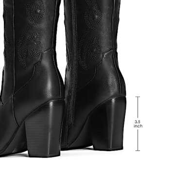DREAM PAIRS Cowboy Boots For Women, Comfortable Pull On Zipper Chunky Heel Pointed Toe Embroidered Western Cowgirl Knee High Boots,Size 7.5,BLACK,SDKB2302W