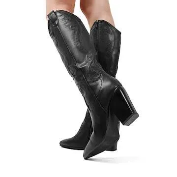 DREAM PAIRS Cowboy Boots For Women, Comfortable Pull On Zipper Chunky Heel Pointed Toe Embroidered Western Cowgirl Knee High Boots,Size 7.5,BLACK,SDKB2302W
