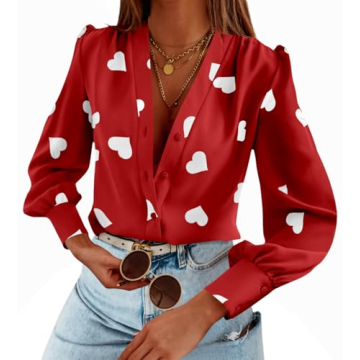 Flowyair Women's V Neck Heart Print Casual Blouse