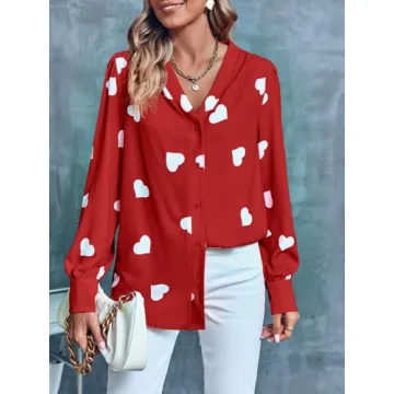 Flowyair Women's V Neck Heart Print Casual Blouse