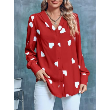 Flowyair Women's V Neck Heart Print Casual Blouse