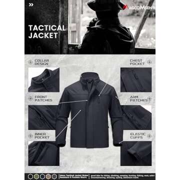 MAGCOMSEN Mens Tactical Jacket Warm Fleece Lined Softshell Jacket Stand Collar Windbreaker Outwear Black L
