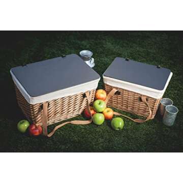 PICNIC TIME Canasta Wicker, Picnic Basket for 2, 16.5 x 11.3 x 9.8, Beige Canvas With Brown Lid