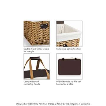 PICNIC TIME Canasta Wicker, Picnic Basket for 2, 16.5 x 11.3 x 9.8, Beige Canvas With Brown Lid