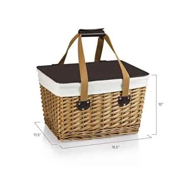 PICNIC TIME Canasta Wicker, Picnic Basket for 2, 16.5 x 11.3 x 9.8, Beige Canvas With Brown Lid