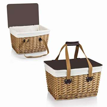 PICNIC TIME Canasta Wicker, Picnic Basket for 2, 16.5 x 11.3 x 9.8, Beige Canvas With Brown Lid