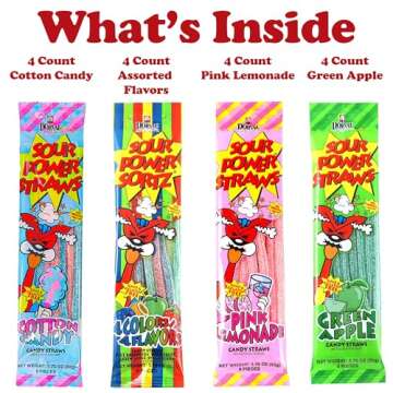 Sour Power Candy Straws Assortment, Bulk 12 Pack 4 Flavor Variety, Sour Straws Mix Gummy Candy, Asso...