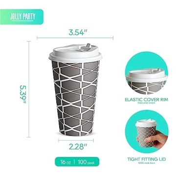 JOLLY PARTY 16 oz Disposable Coffee Cups with Lids