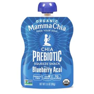 Mamma Chia Organic Prebiotic Squeeze Snack, Blueberry Acai, Fiber-Rich Prebiotic Gut Support, USDA C...