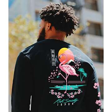 Riot Society Flamingo Blossom Mens Long Sleeve T-Shirt - Black, X-Large
