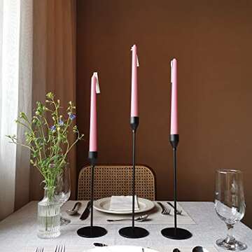 Matte Black Candle Holders Set of 3pcs for Taper Candles, Elegant Candlestick Holder fits About 0.85Inches Slim Candles, Suitable for Wedding Dinning Party Home Decoration