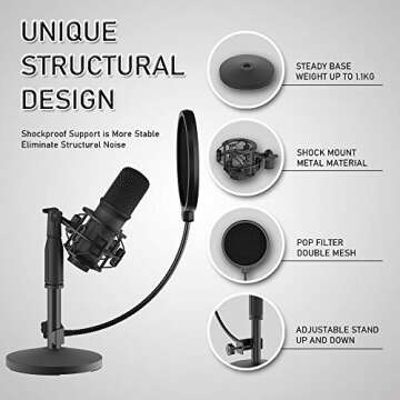 LESYAFEL USB Condenser Microphone Recording Kit with Desktop Stand and Pop Filter 192kHZ/24bit for YouTube,Podcast,Gaming,Studio Plug & Play for Laptop Mac/Windows and Type-C Mobile Phone Space Grey