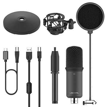 LESYAFEL USB Condenser Microphone Recording Kit with Desktop Stand and Pop Filter 192kHZ/24bit for YouTube,Podcast,Gaming,Studio Plug & Play for Laptop Mac/Windows and Type-C Mobile Phone Space Grey