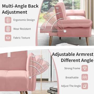 Shintenchi Futon Sofa Bed Modern Folding Sleeper Couch Bed for Living Room,Velvet Loveseat Sofa Couch Sofa cama for Apartments Office Small Spaces,w/Adjustable Armrests Backrest,Pink