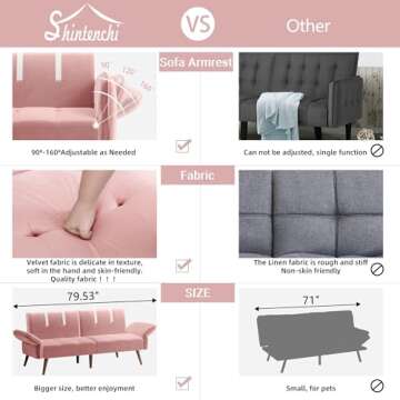 Shintenchi Futon Sofa Bed Modern Folding Sleeper Couch Bed for Living Room,Velvet Loveseat Sofa Couch Sofa cama for Apartments Office Small Spaces,w/Adjustable Armrests Backrest,Pink
