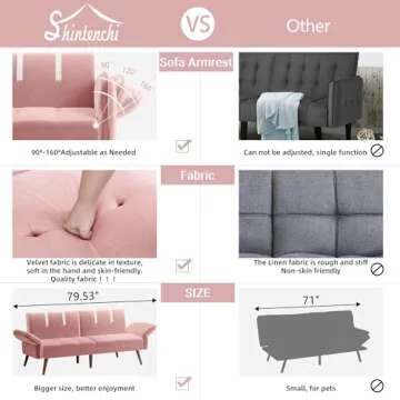 Shintenchi Futon Sofa Bed Modern Folding Sleeper Couch Bed for Living Room,Velvet Loveseat Sofa Couch Sofa cama for Apartments Office Small Spaces,w/Adjustable Armrests Backrest,Pink