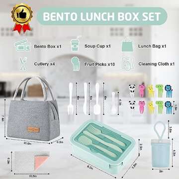 KAIFTEK Bento Lunch Box for Kids, Bento Box Adults Lunch Box Leak-proof for Kids Toddler Teens School, Lunch Box Containers Durable with Lunch Bag, Cup, Spoon, Forks, Dishcloth (Green Set)