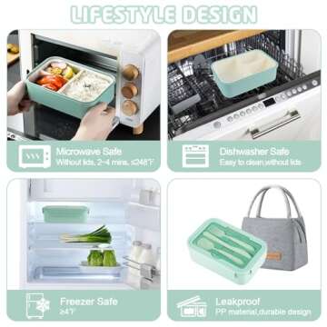 KAIFTEK Bento Lunch Box for Kids, Bento Box Adults Lunch Box Leak-proof for Kids Toddler Teens School, Lunch Box Containers Durable with Lunch Bag, Cup, Spoon, Forks, Dishcloth (Green Set)